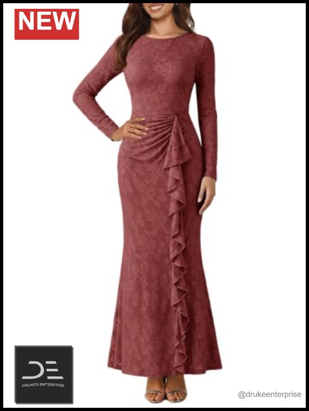 MITILLY Long Sleeve Floral Lace Bodycon Maxi Dress Formal Wedding Guest